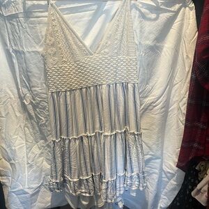 Almost Famous White & Blue Striped Lace Tiered Cami